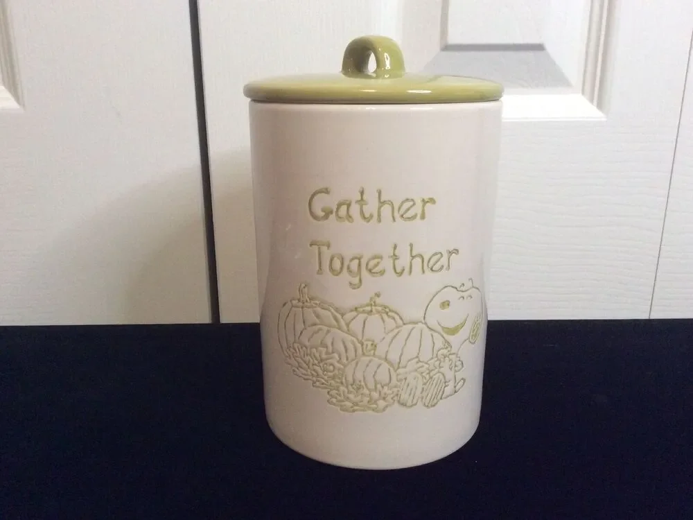 New Peanuts Autumn Green Lidded Ceramic Canister “Getting Together”